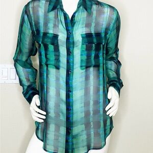 Equipment Green and Blue Plaid Sheer Blouse
